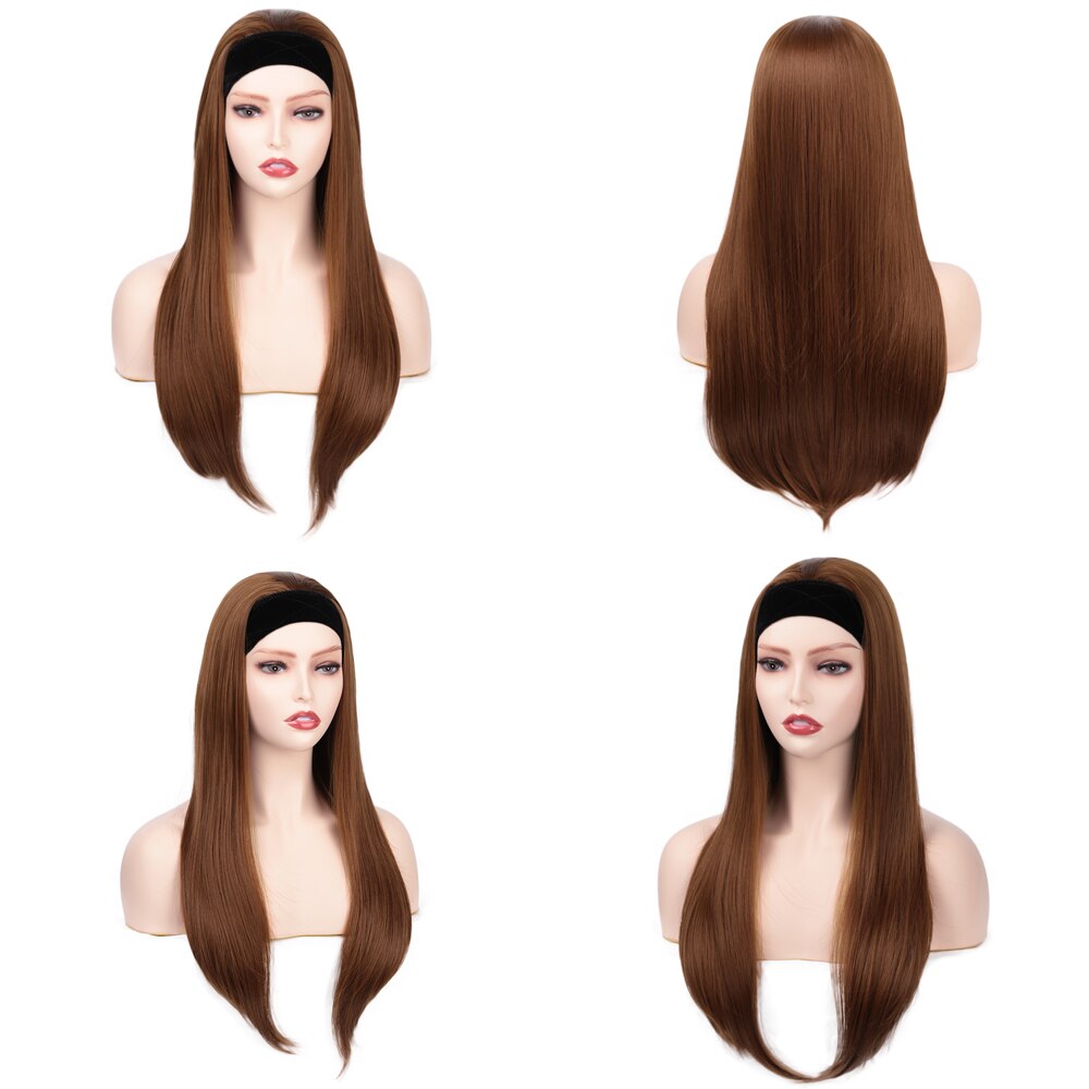 Aisi Haar 28Inch Hoofdband Lange Pruik Bruin Pruik Natuurlijke Steil Haar Hittebestendige Vezel Synthetische Pruiken Voor Zwarte Vrouwen: Default Title