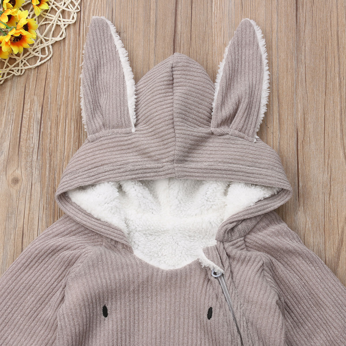 Vêtements d'automne et d'hiver pour bébés garçons et filles, chauds, avec oreilles de lapin, à capuche, combinaison en cachemire, fermeture éclair, dessin animé