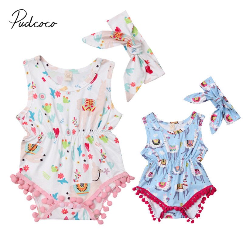 Neue Neugeborenen Kleinkind freundlicher Baby Mädchen Junge Alpaka Bodys Quaste Ball Ärmelloses Drucken Elastische Taille Sommer Overall