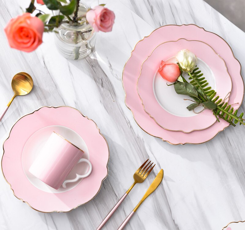 Pynomic Ceramic Plate Simple Pink Wave Point Flat Plate Western Steak Plate Girl Heart Dessert Plate Tableware