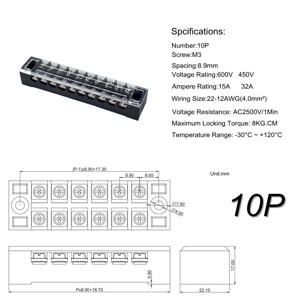 5Pcs 10P Screw Barrier Terminal Block with Pre Insulated Terminal Barrier Strip