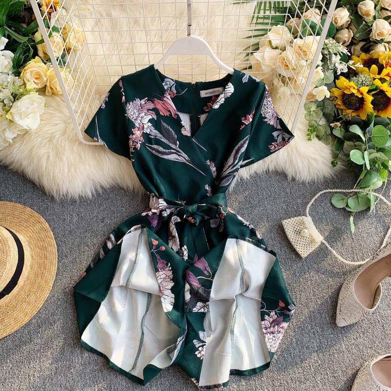 Mono Vintage bohemio ajustado con estampado floral para mujer, pelele Sexy informal con cuello en V para mujer, traje corto de estilo veraniego para playa y vacaciones,