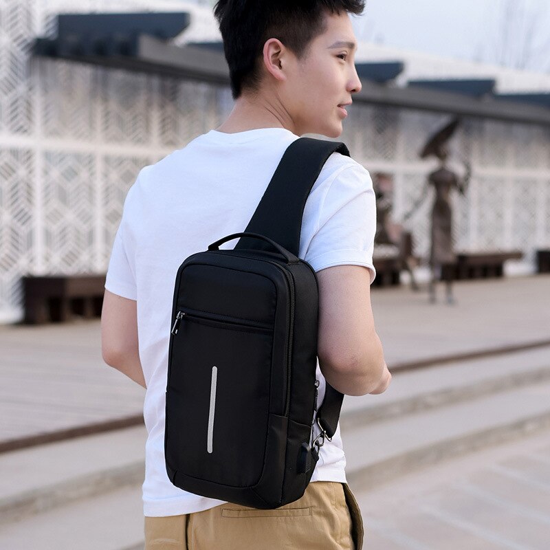 Fengdong male sling travel chest bag reflective strip backbag unisex one shoulder usb bag waterproof small messenger bag bagpack