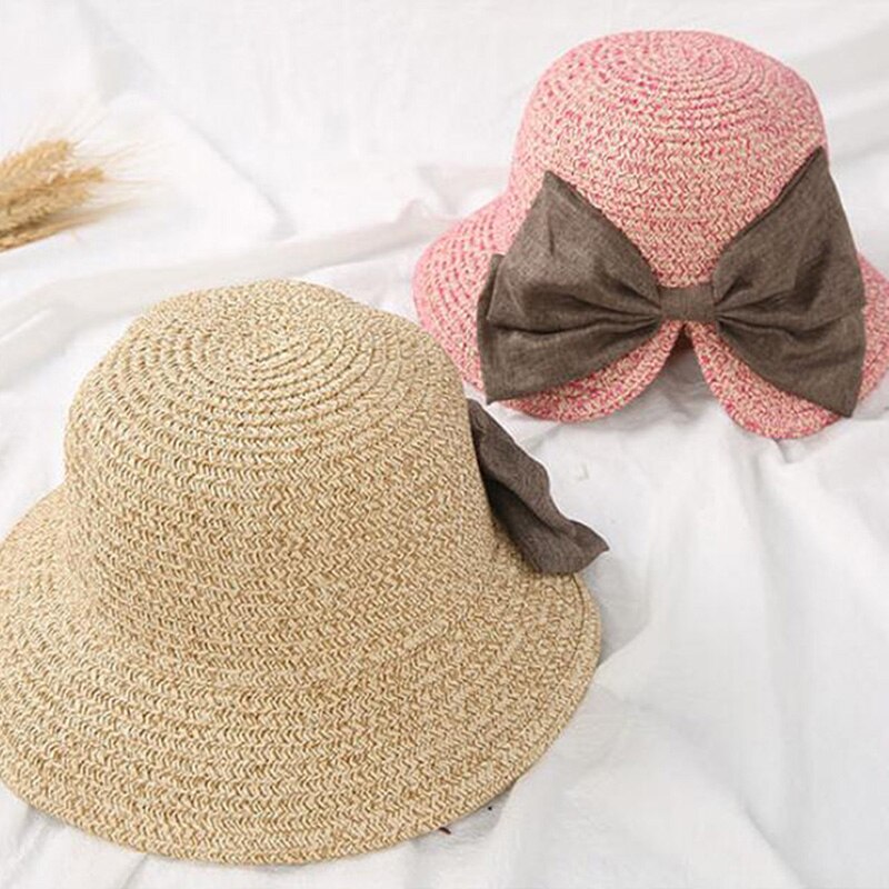 Children's Sun Hat Big Bow Wide Brim Floppy Summer Hats For Kids Beach Panama Straw Bucket Hat Sun Protection Visor Femme Cap