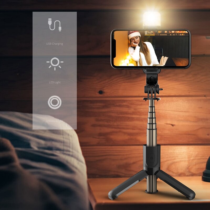 Selfie-stick mit licht, abnehmbarer kabelloser fernbedienung und drehbarem selfie-stick-stativ, universell für smartphones