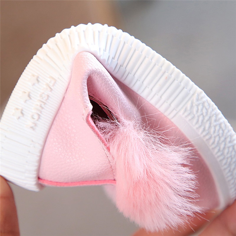 0-18M Baby Meisjes Schoenen Solid Roze Groen Wit Baby Meisjes Ondiepe Konijn Pluche Bal Anti Slip Mocassins antislip Babyschoenen