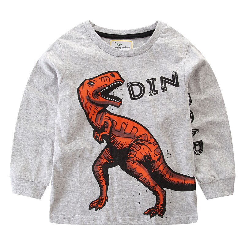 T-shirt Enfant Manches Longues - Impression Dino Cartoon - Coton Tricot Automne - Unisexe: W7698 gris / 6t