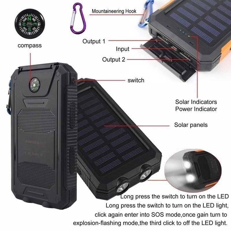 30000mAh Solar Power Bank Dual USB with SOS LED Charger Travel Waterproof External Battery for Iphone Samsung Xiaomi Powerbank