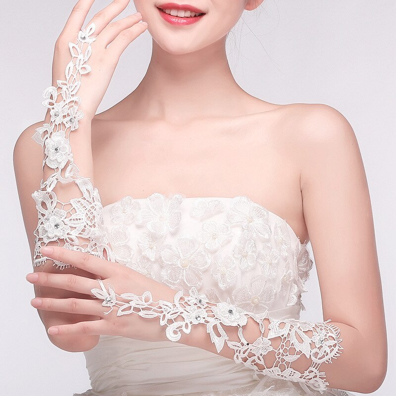 Lange Bruiloft Handschoenen Ivoor Witte Bruids Handschoenen Meisje Party Vingerloze Kant Handschoen Dames Bloem Guantes Bruiloft Accessoires K5: WHITE