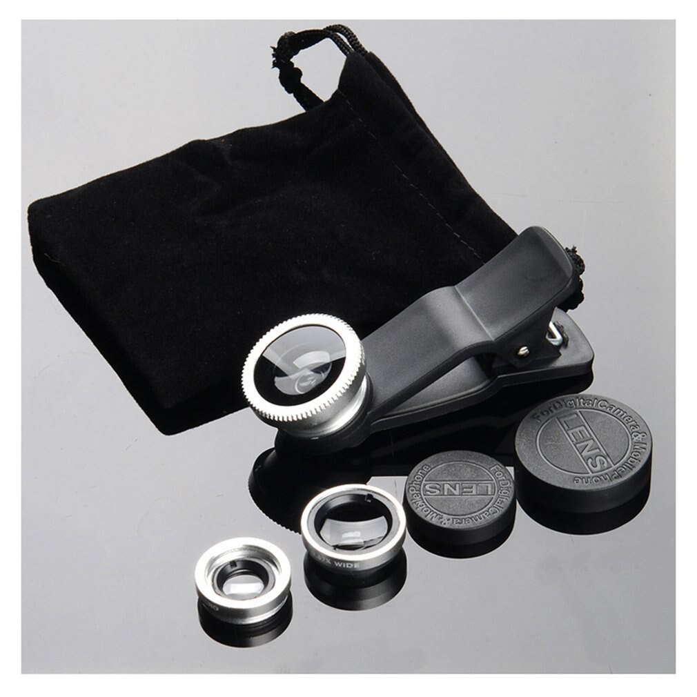 Mobiltelefon kamera lins kit fish eye lins  + 2 in1 makrolins & supervidvinkellins med svart universal telefonklämma: Silver-