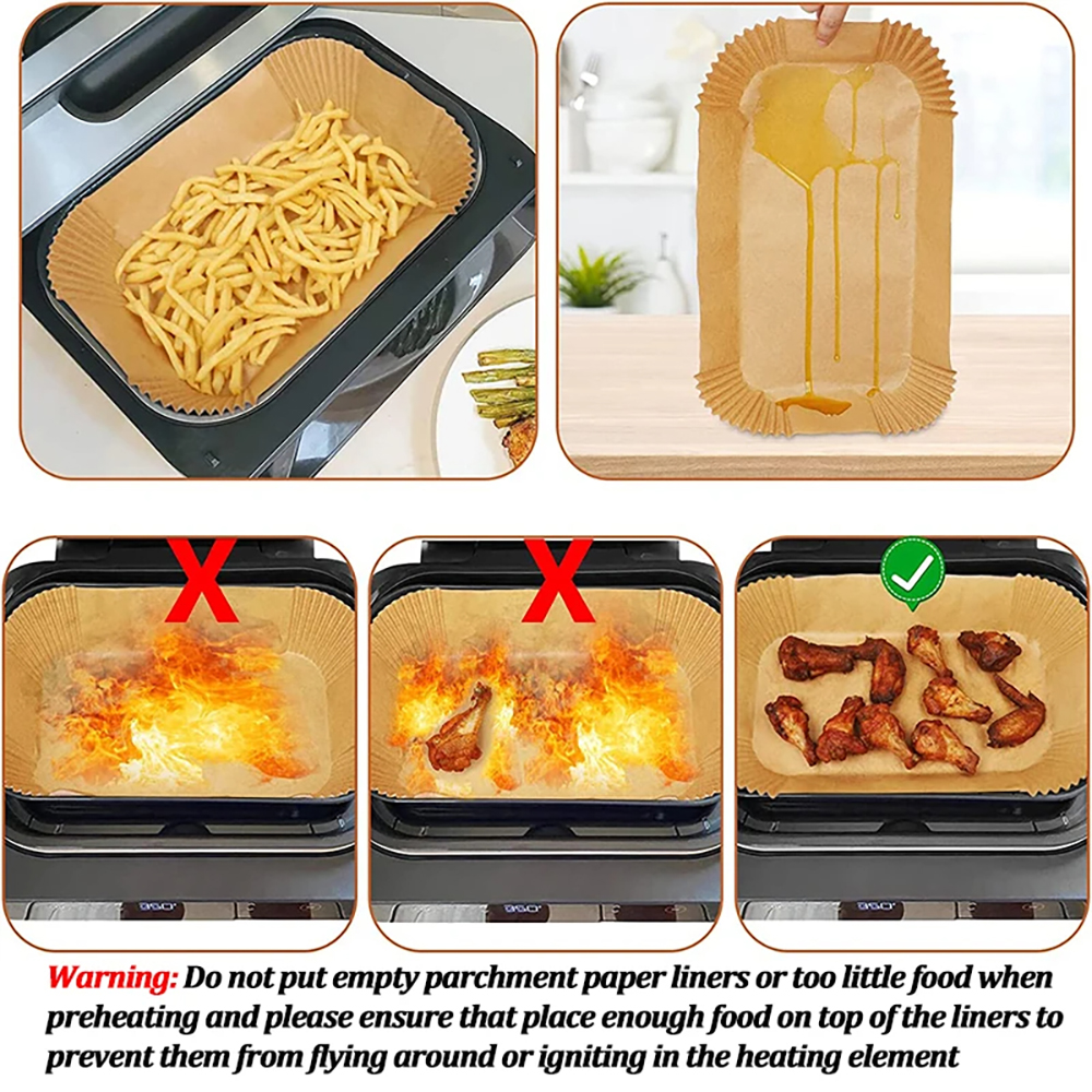 Revêtement en papier de cuisson jetable pour friteuse à air rectangulaire, plateau en papier d'huile de silicone antiadhésif de alimentaire, four à micro-ondes, cuiseur de cuisine