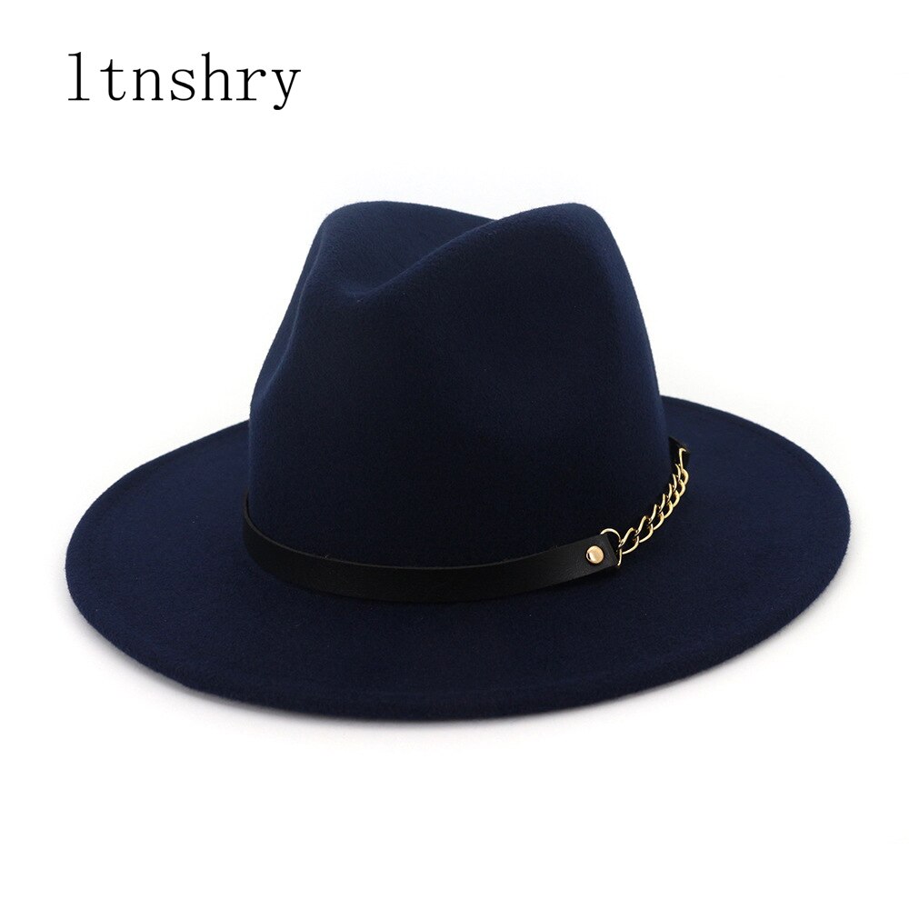 Efterår vinter filt fedora hatte med bælte bred flad kant jazz trilby formel top hat panama cap til unisex mænd kvinder: 5