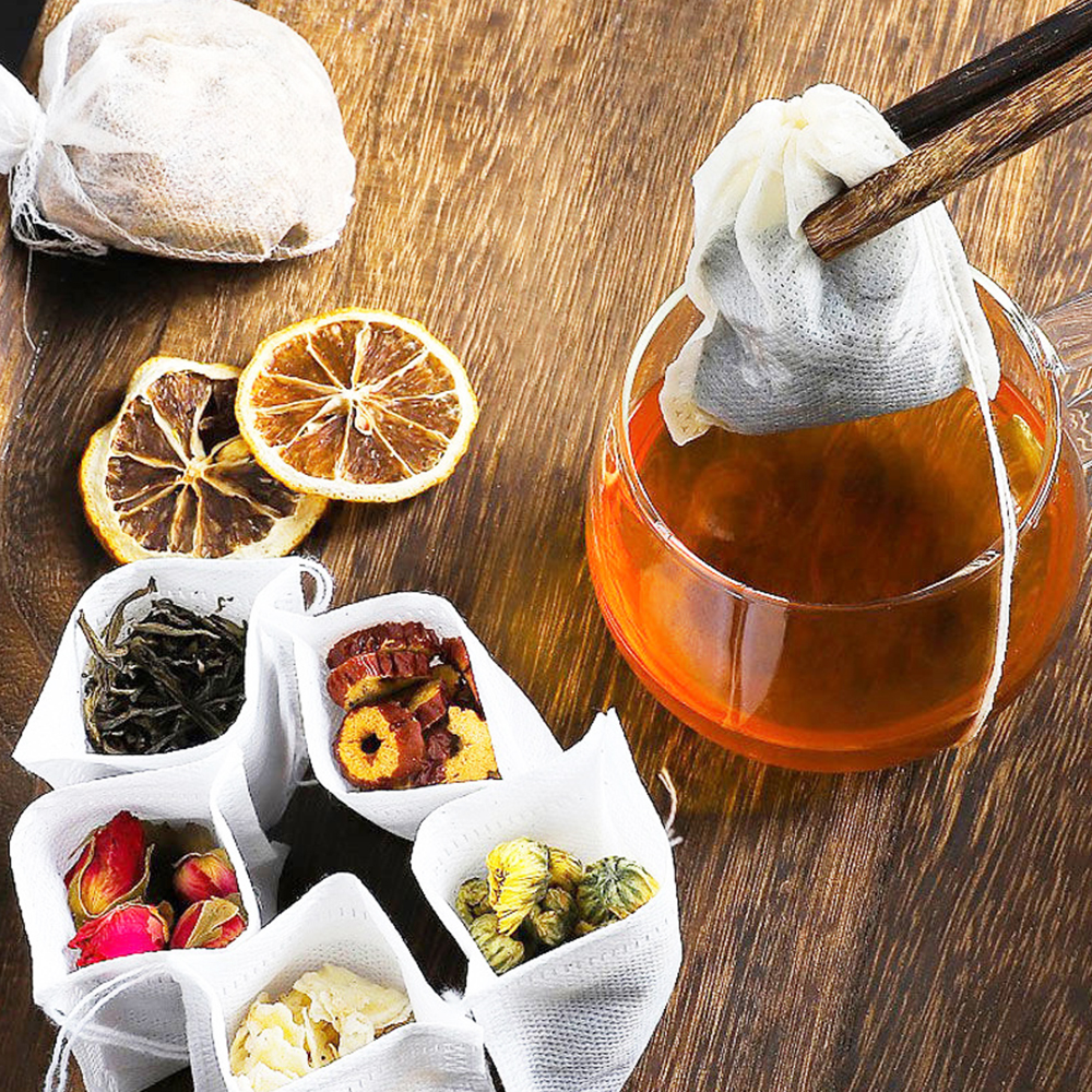 Sachet de thé en tissu Non tissé, 100 pièces, avec ficelle, thermoscellé, infuseur à thé, filtre à café et à épices, passoire, outil de brassage de bière en maille