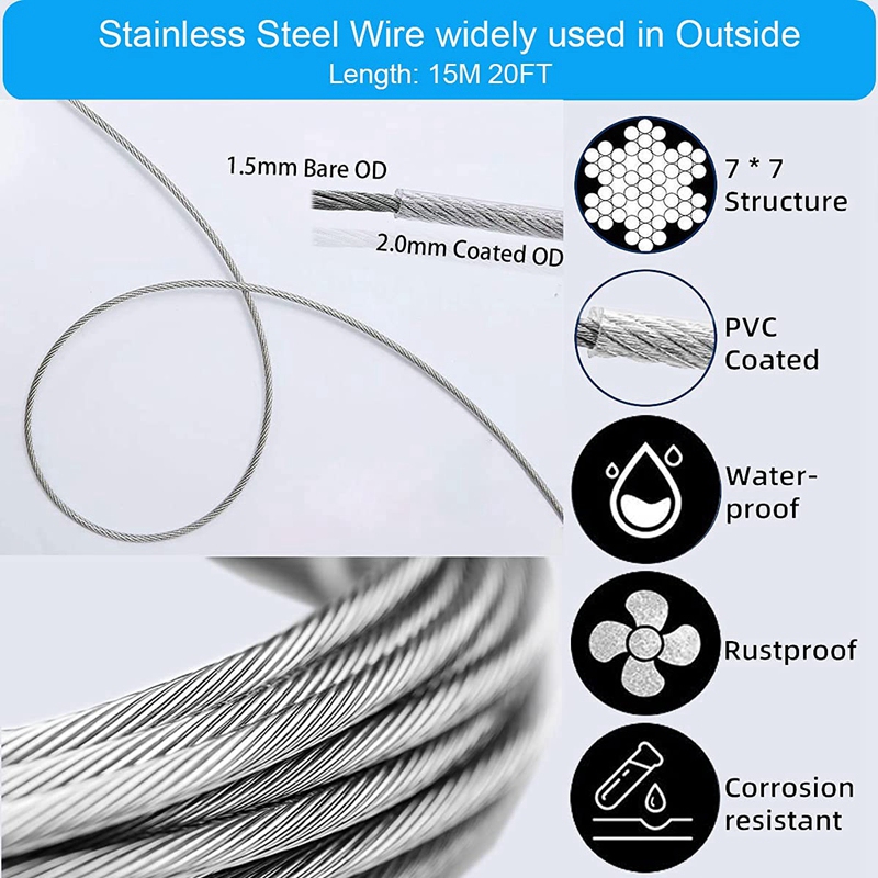 ! 15M Garden Wire For Climbing Plants,Wire Fence Wire Rope Clips Turnbuckle Wire Tensioner For String Lights Hanging Ki