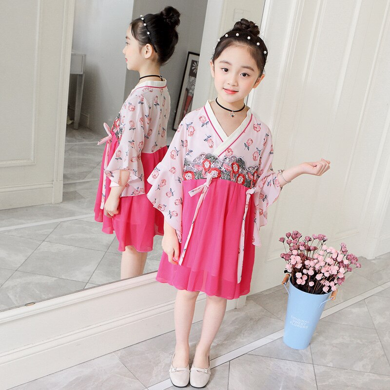 Newly Girls Fairy Dress Traditional Chinese Cheongsam Dress Kids Spring Pink Hanfu Qipao Tang Suit For Children Kids SL1023