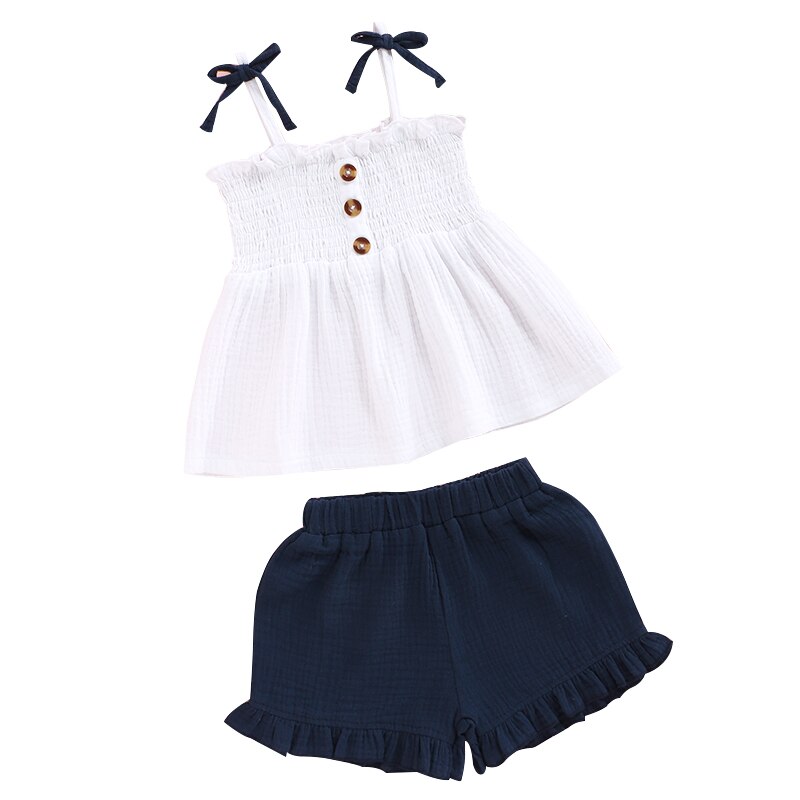 Free Shiping Baby Girl Clothes Set Solid White Vest Top Dark Blue Ruffles Shorts Set Toddler Girl Outfits Kids Girls Summer Set