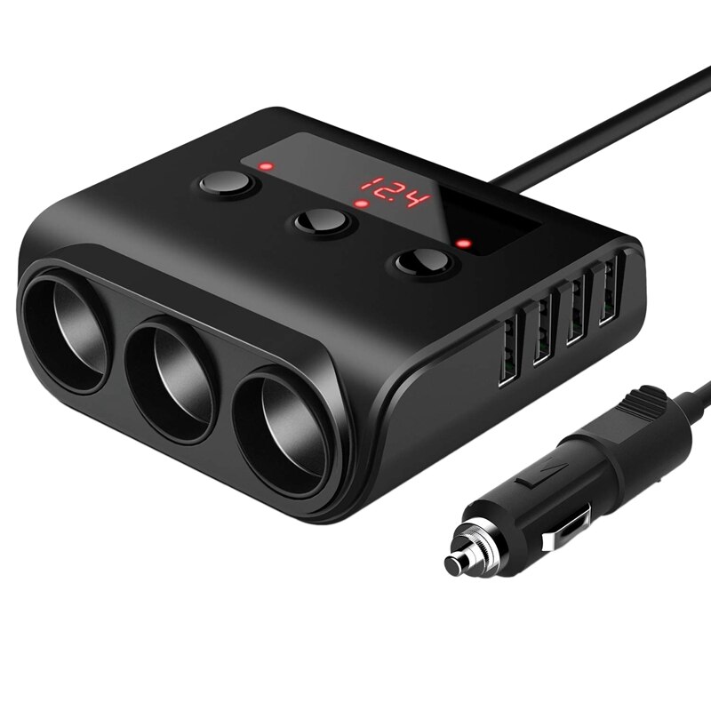 Car Cigarette Lighter Adapter, 100W 12V/24V Car Charger with 4 USB Ports and 3 Sockets Cigarette Lighter Power Splitter, On/Off