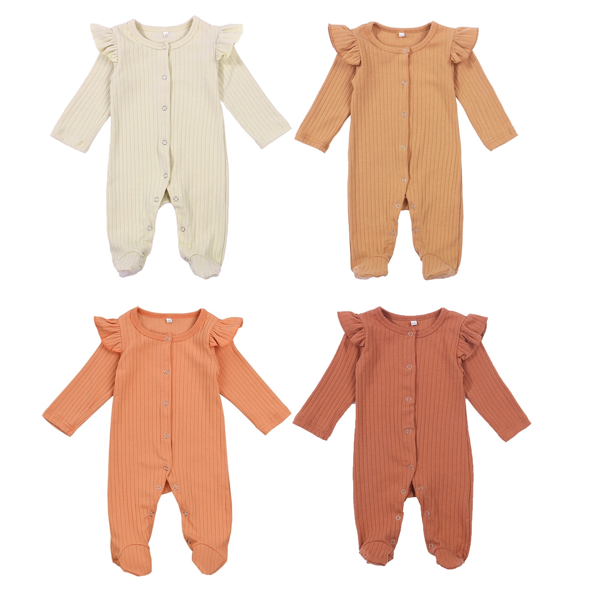 Combinaisons à pieds pour bébés unisexes, combinaisons pour bébés filles et garçons, chaussons côtelés, manches longues à volants, couleur unie, pyjama une pièce tricoté