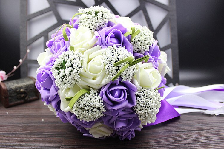 Ilovewedding brudebryllup buket buket bånd håndlavet 30 stk pe roser bryllup blomster brude buketter lilla: Lilla