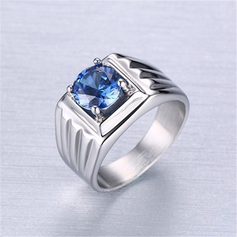 FDLK Retro 316L Stainless Steel + Zinc Alloy Blue Crystal Ring Mens Wedding Party Ring