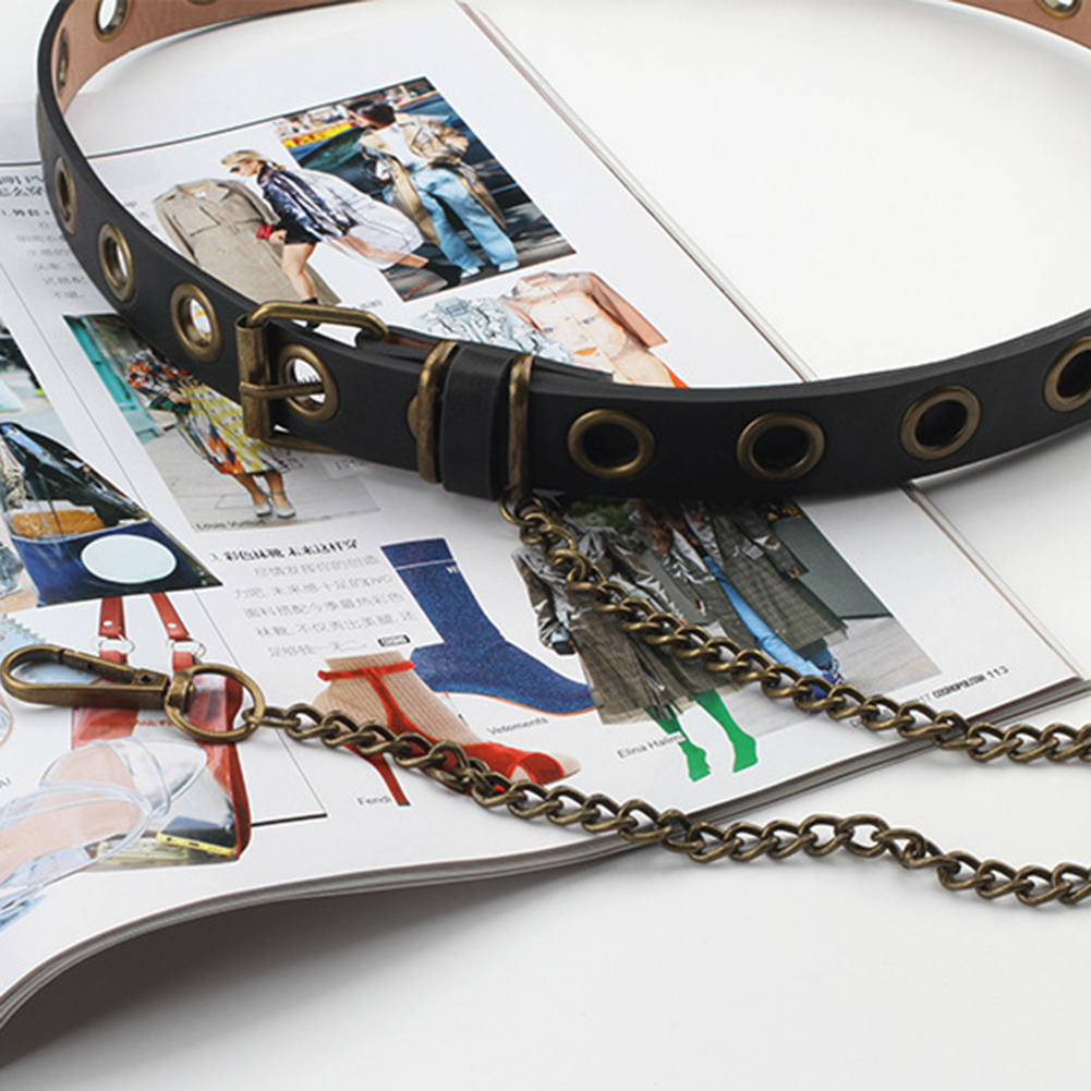 Women/Men Punk Belt Three Rows Of Holes Belt Detachable Chain Decorative Jeans Waistband Jacket Accessories PU Leather Belt