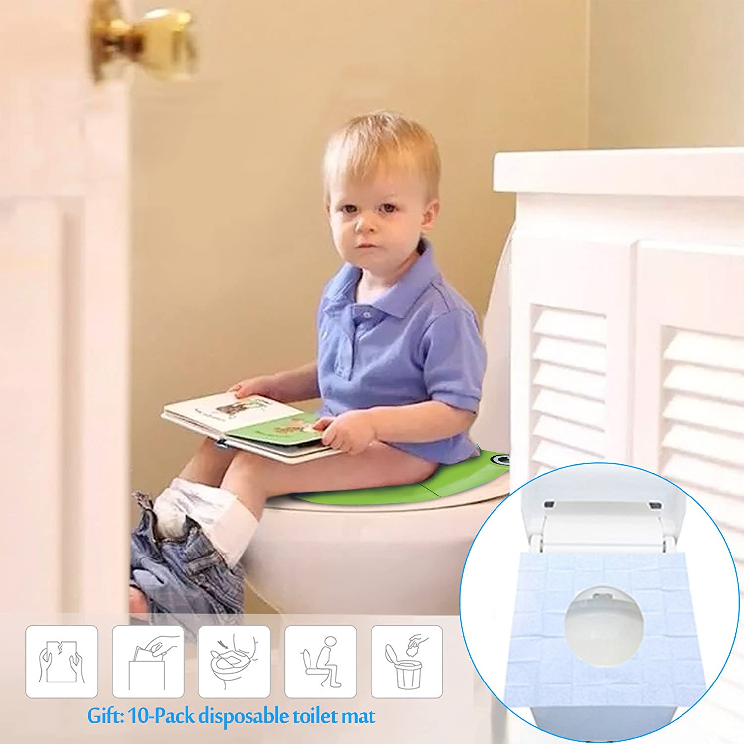 Baby-barn folde pottetræning toiletsædebetræk skridsikker silikone puder med 10 pakker (grøn)
