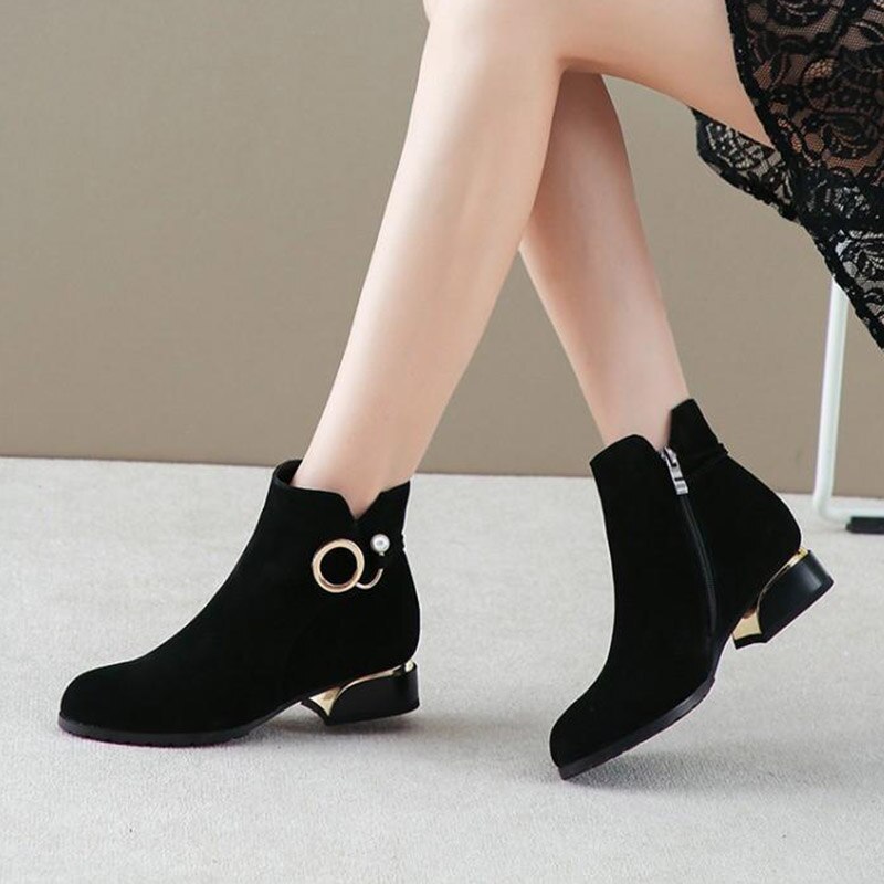 Vinterskor dam ankelboots faux svarta låga klackar mocka booties pärlklänning skor fyrkantig klack botas mujer plus size