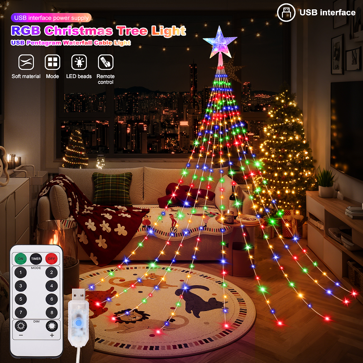 Luces de hadas alimentadas por USB, lámpara de cascada de Navidad impermeable de 280LED, 8 modos de iluminación para decoraciones de árboles de boda de dormitorio interior