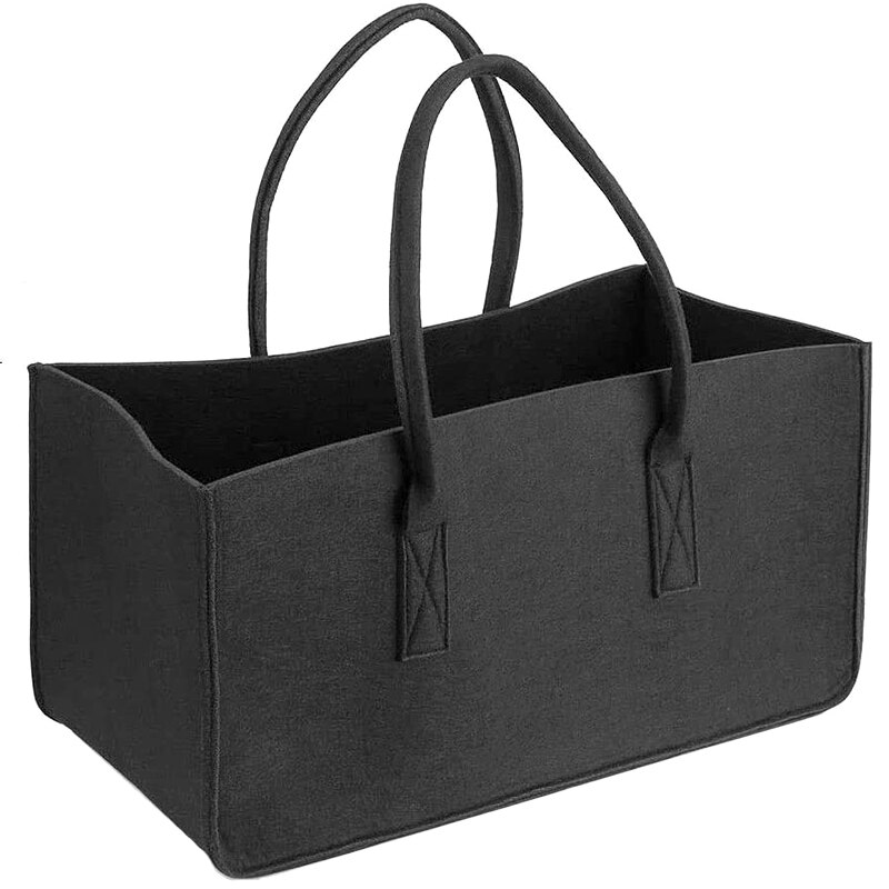 Fireplace Wood Felt Storage Bag Basket Magazine Rack Firewood Pocket,Felt Foldable Firewood Holder Basket: black