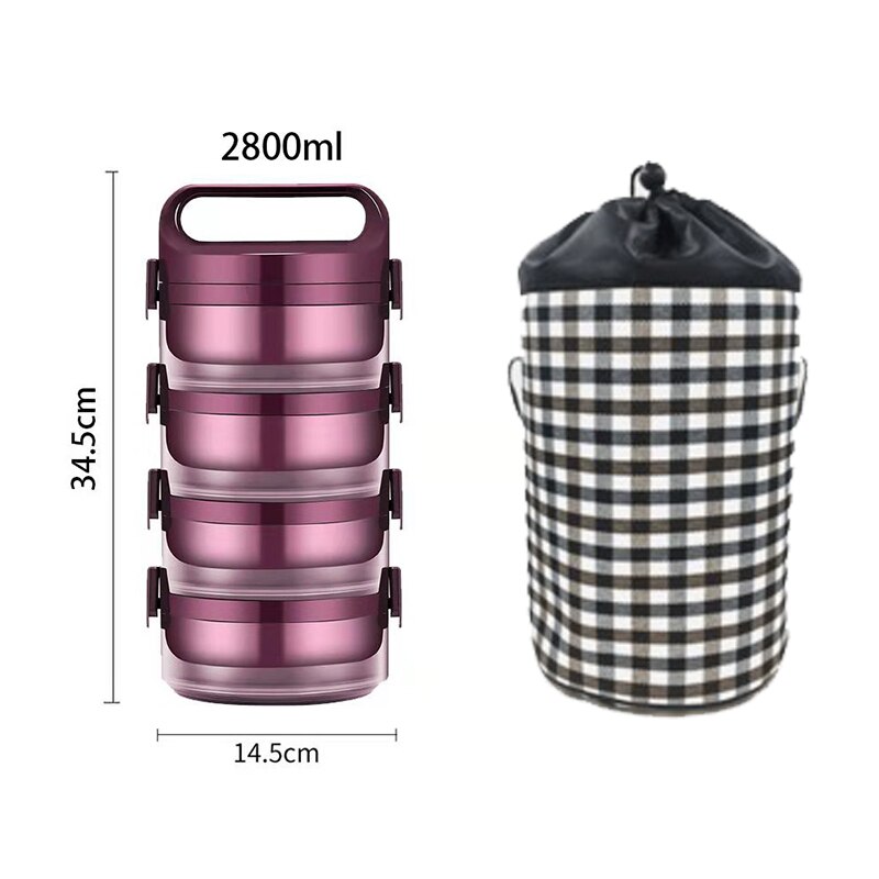 Roestvrij Staal Thermische Lunch Bento Box Voor Office Student Draagbare Multi Layer Picknick Voedsel Container Lekvrij Thermos Lunchbox: 4 LayerRed with bag