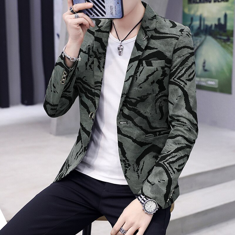 Blazer décontracté à paillettes pour homme, vêtement de printemps et d'été , robe Slim en velours, style Camouflage: Green / XXL