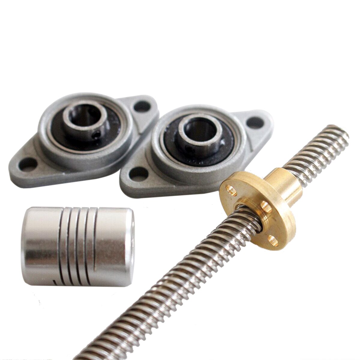 T8 Lead Screw Set 2mm Length 150 250 600 1200 mm & Brass Nut + D19L25 Flexible Shaft Coupling 5*8mm + 2Pcs KFL08 bearing Bracket