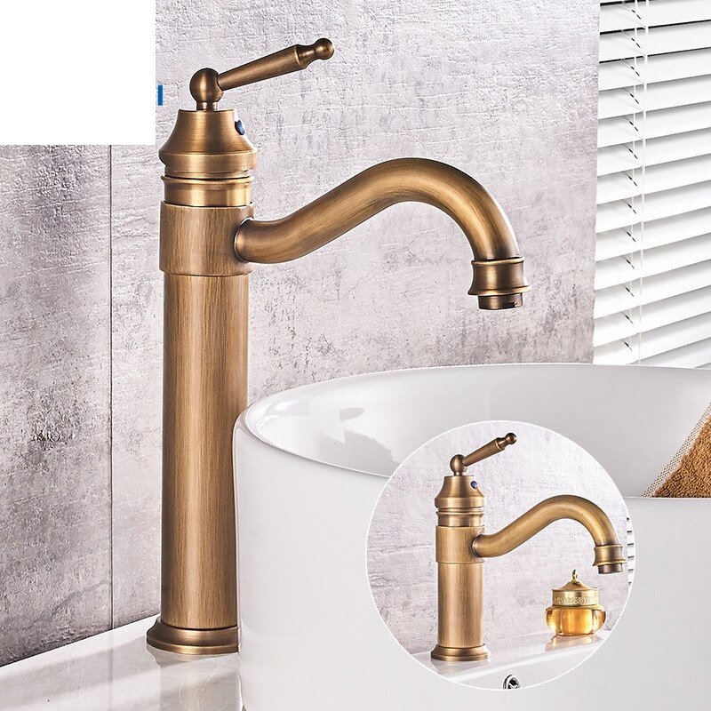 Grifo de lavabo de cobre antiguo, mezclador de agua de estilo clásico frío y , grifo montado en cubierta de un solo mango