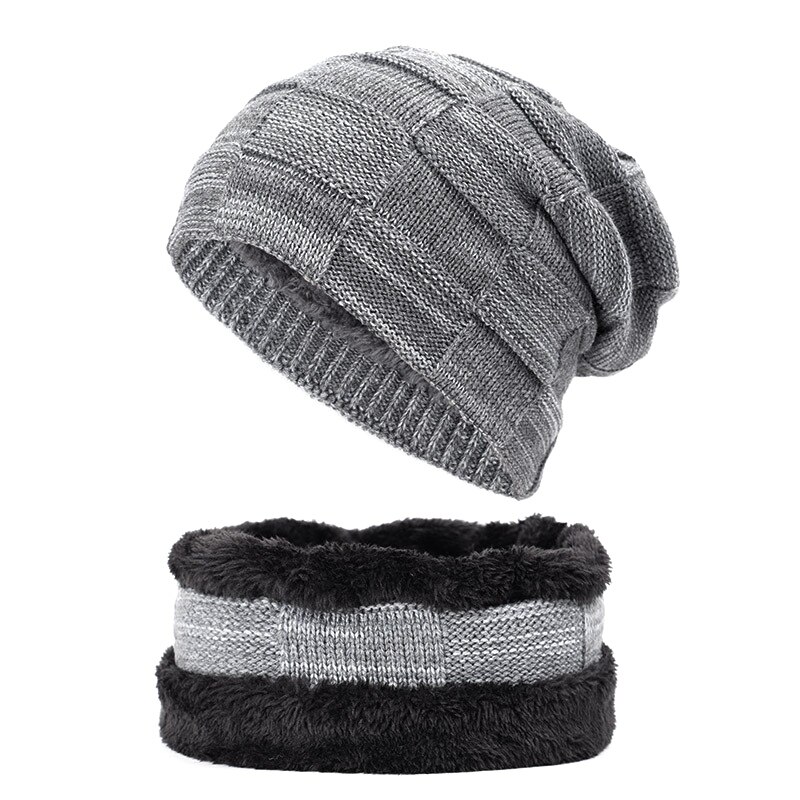 2- stykker vinter beanie hat tørklæde sæt varm strik hat vinter tyk fleece foret kranium cap tørklæde til mænd kvinder