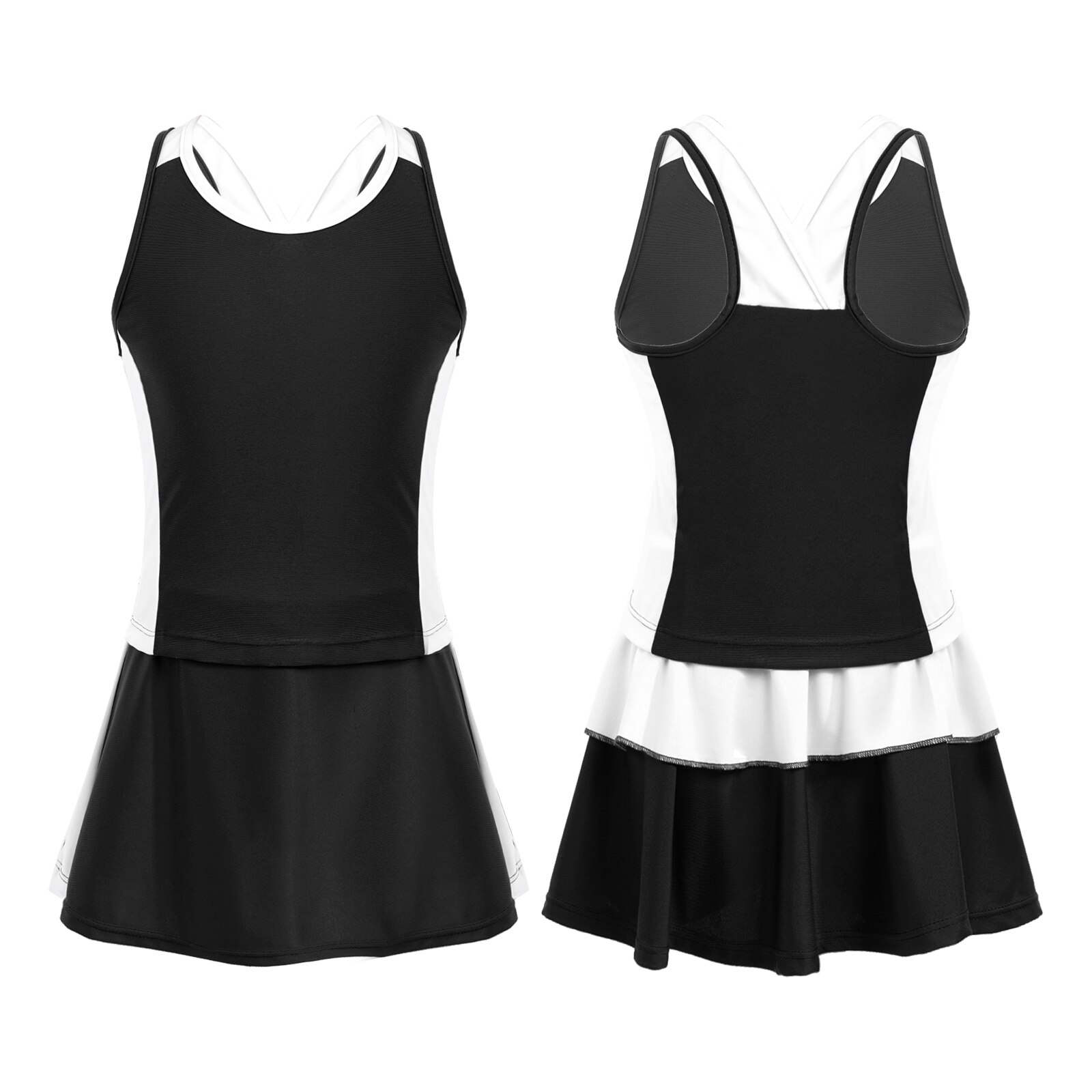 Summer Tennis Sportswear Kids Girls Sport Vest Tops and Skorts Set Casual Sleeveless Sports Suit Teens Badminton Tennis Outfits: Black / 10