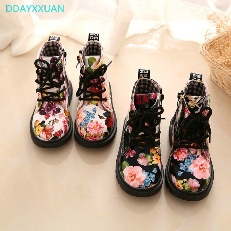 Kids Boots Leather Autumn Floral Flower Print Children Baby Martin Boots Cute Casual Girls Boots Shoes EU 21~30