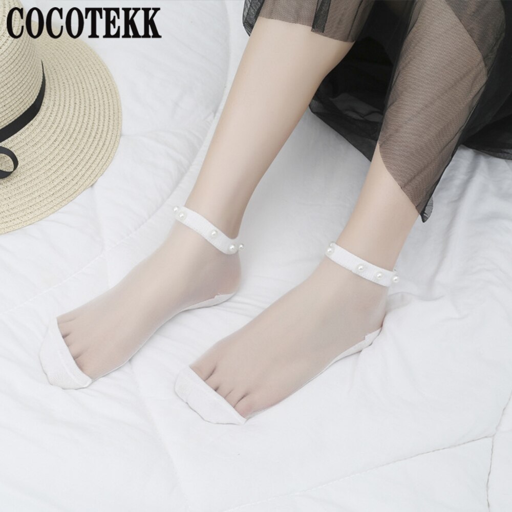 Calcetines modernos de verano para mujer, medias de malla fina, transparente, suave y fresca, con perlas brillantes