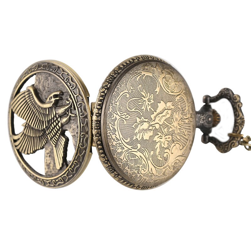 Vintage 3D Flying Eagle Cover Necklace Pocket Watch Bronze Hawk Wing Pendant Fob Chain Quartz Clock Souvenir for Men Women