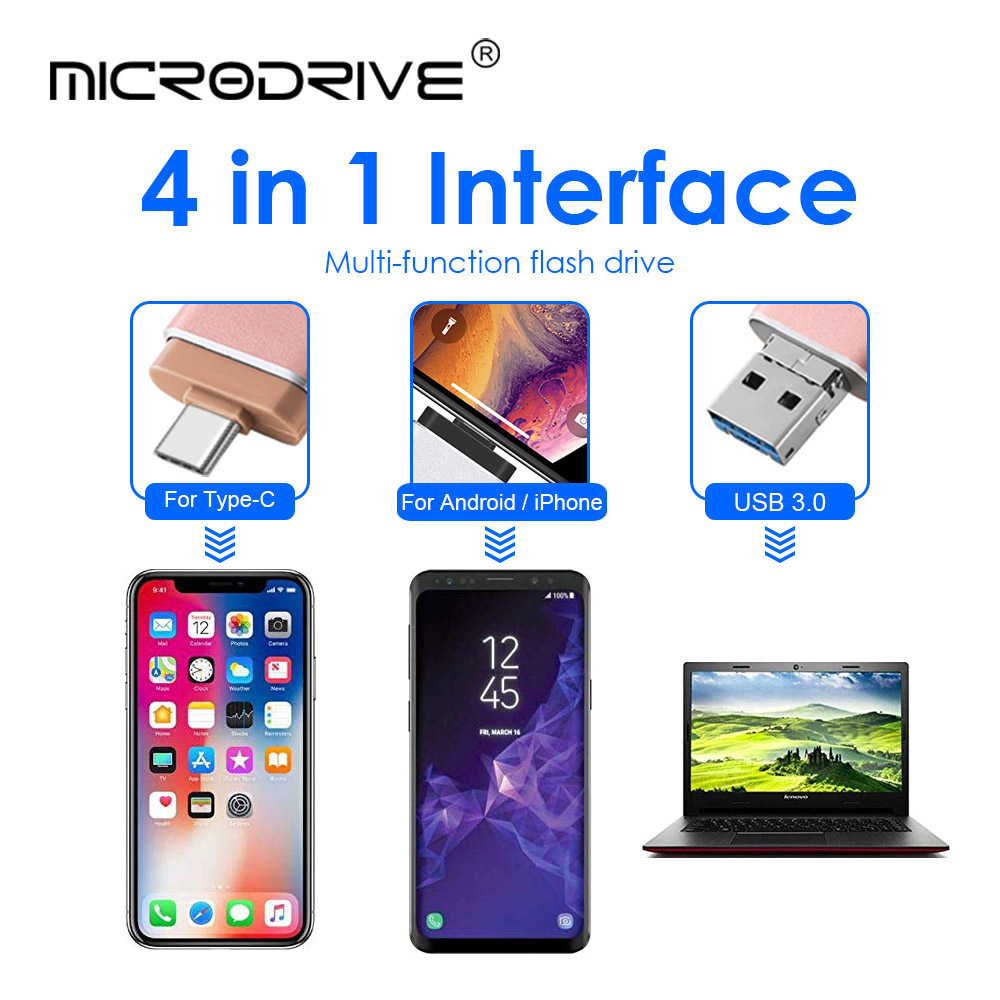 4 in 1 otg usb-c Blitz-laufwerk speicherstick stift für Blitz für iphone / typ c / Mikro-usb usb 3.0 pendrive 64gb / 128gb /256gb