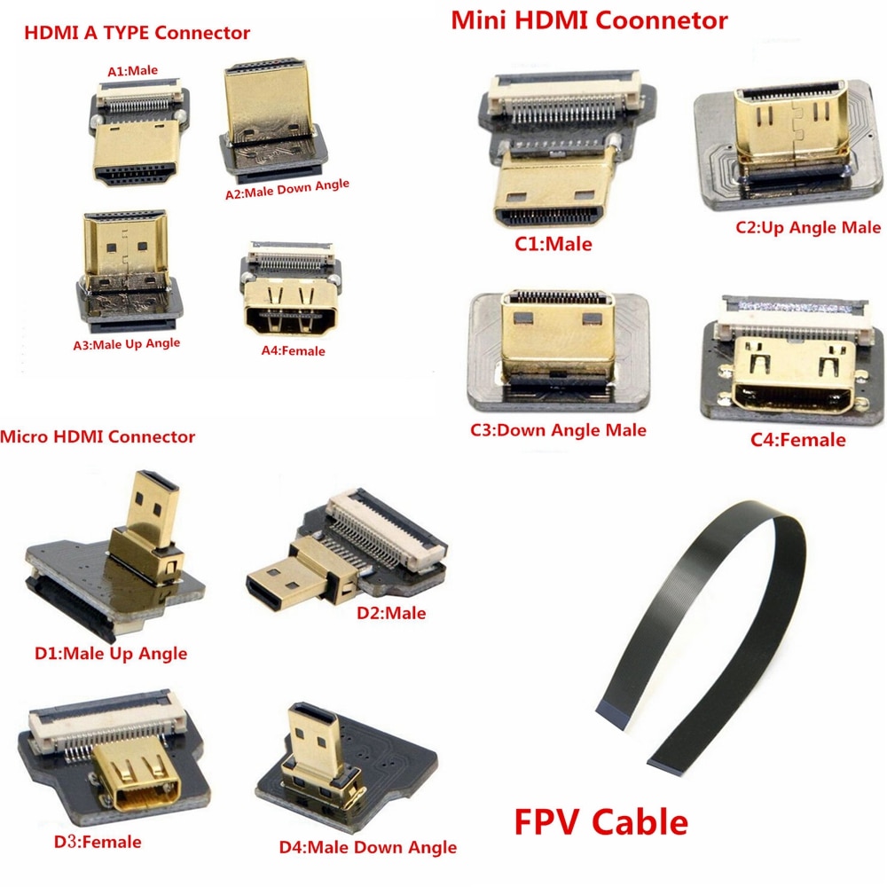 FPV Micro HDMI Mini HDMI 90 gradi Adattatore 5cm-100 centimetri FPC Nastro Piatto HDMI Cavo Passo 20pin per Multicopter Fotografia Aerea