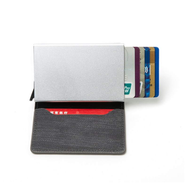 Porte-carte d'affaires bleu/gris/cuir synthétique polyuréthane marron et alliage d'aluminium matériel porte-carte de crédit portefeuille