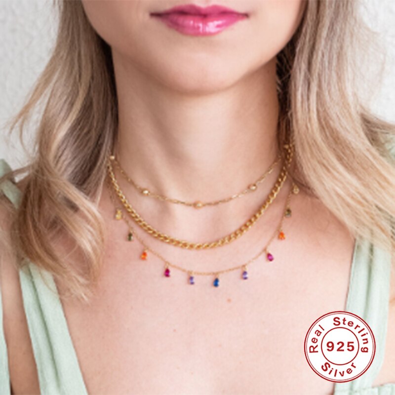 Collar de circonita ostentosa de Plata de Ley 925 para mujer, colgante con color de arco iris, Collar para mujer, de cumpleaños, de San Valentín