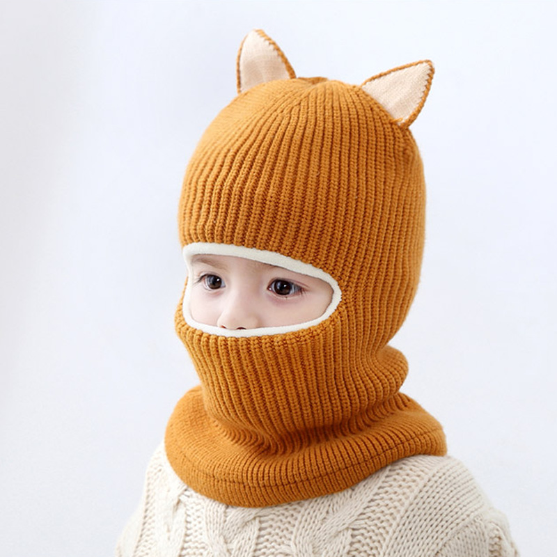 Conjunto de bufanda con orejas de gato para niño y niña, gorro tejido para bebé, conjunto de bufanda, gorro de terciopelo y protección para el cuello, a prueba de viento, Invierno: jiang yellow