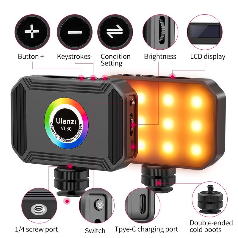 Ulanzi VL60 RGB Camera Light Pocket Led Video Light With Magnetic Dimmable CRI95+ 2500K-9000K 20 Light Scenes Effect Type-C Port