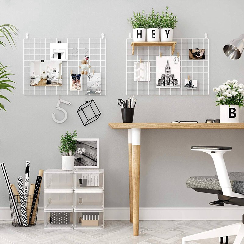 Grid Panel, Photo Wall Display,Mesh Wall Decor, Multifunctional Hanging Picture Wall, DIY Art Display, with S-Shaped Hooks, Clip