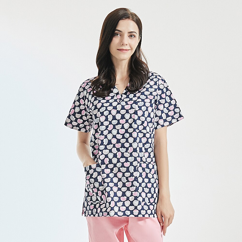 Lab cleaning job uniforms Scrubs uniform Unisex Cartoon printing scrubs tops scrubs work clothes tops/pants/set women