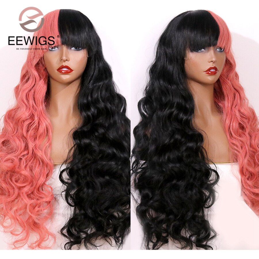 Eewigs cospaly syntetisk blonde front paryk med pandehår halv lyserød halv sort paryk varmebestandig limløs syntetiske parykker til kvinder: Halv lyserød sort / 20 inches