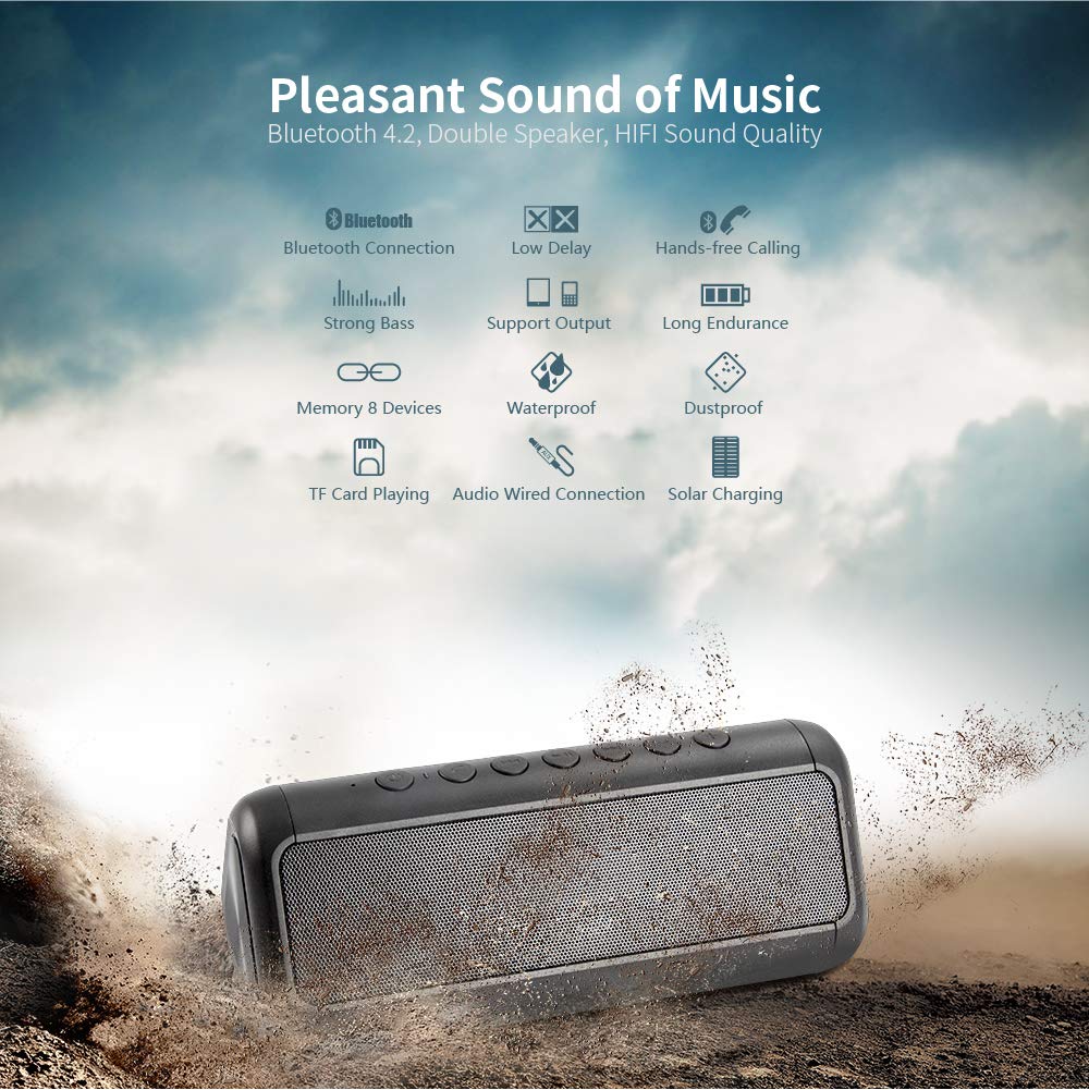 Draagbare Solar Bluetooth Speaker met 5000mAh Power Bank, 50 + Uur, IPX6 Waterdichte Draadloze Speaker voor Outdoor & Ind