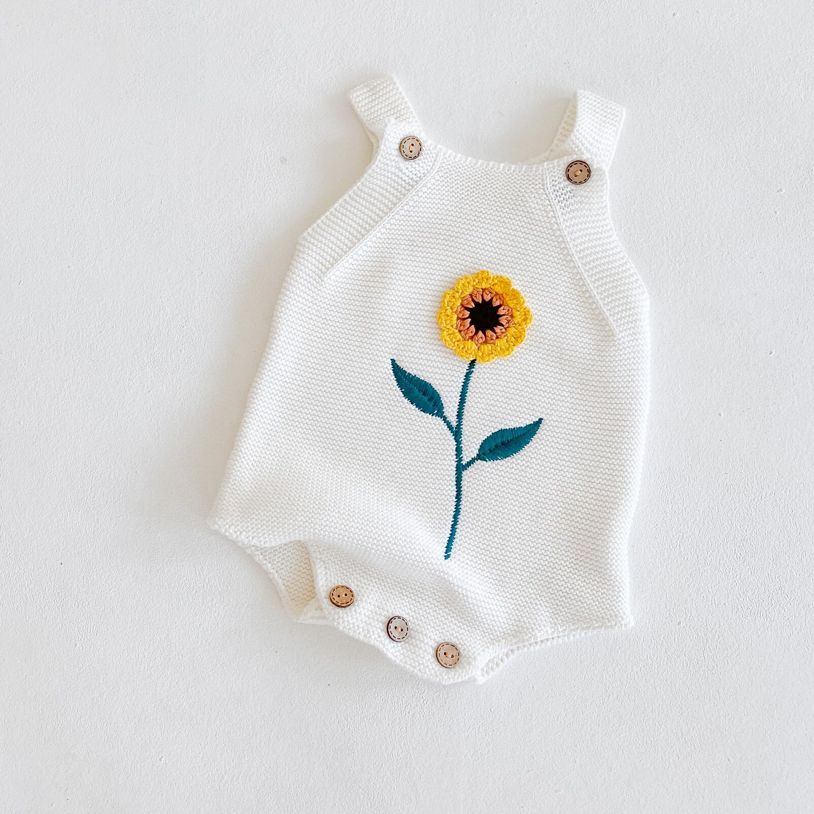 Nyfødt baby pige dreng strikket body solsikke print ærmeløs jumpsuit børn strik overalls efterårs baby tøj: 82104 hvide / 24m