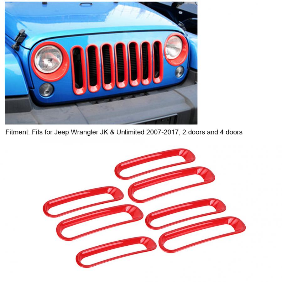 Front Bumper Grille 7pcs Red Car Front Bumper Grille Fits for Jeep Wrangler JK &amp; Unlimited 2007 car mesh ABS